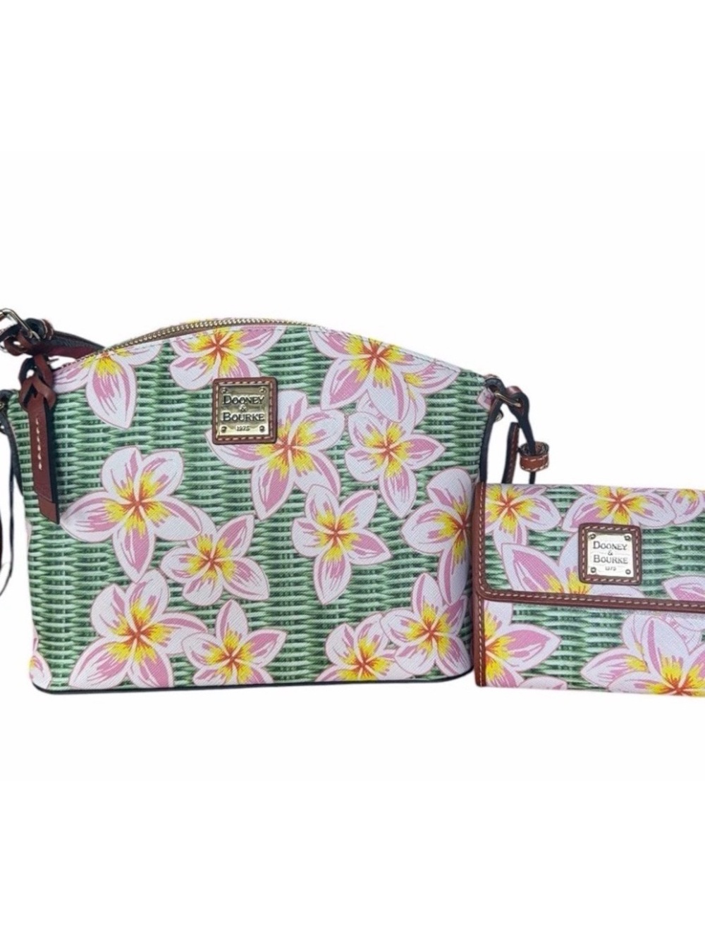 Dooney & Bourke Suki Crossbody Bag & Wallet Set Pink Plumeria Green Wicker Print